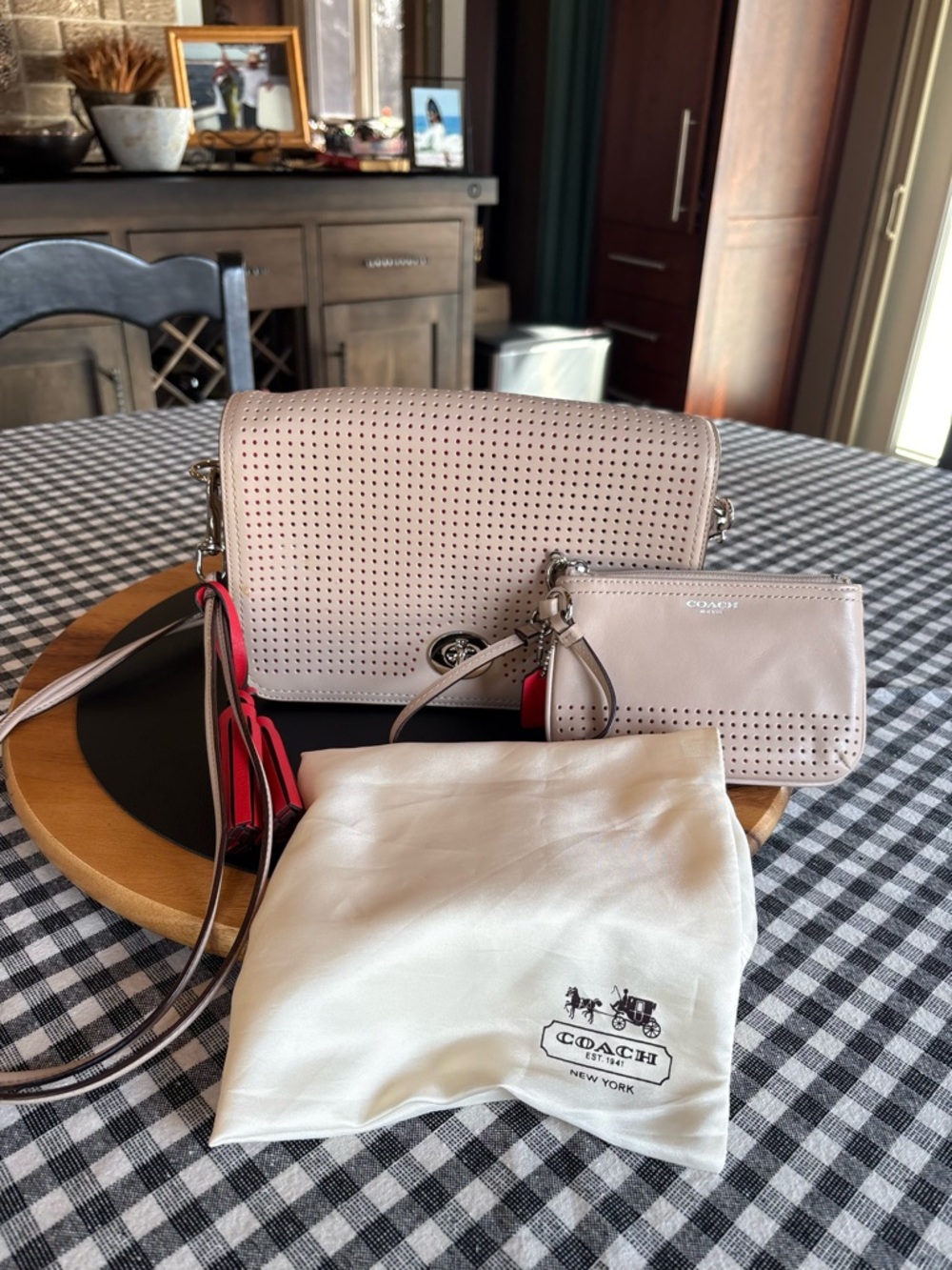 Coach Perforated Leather Crossbody in Blush Pink and matching wallet
